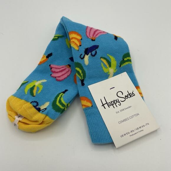 Happy Socks Banana Fun Print Turquoise Blue Unisex Women's 5.5 9.5 Men's 4.5 7.5 - Picture 2 of 3